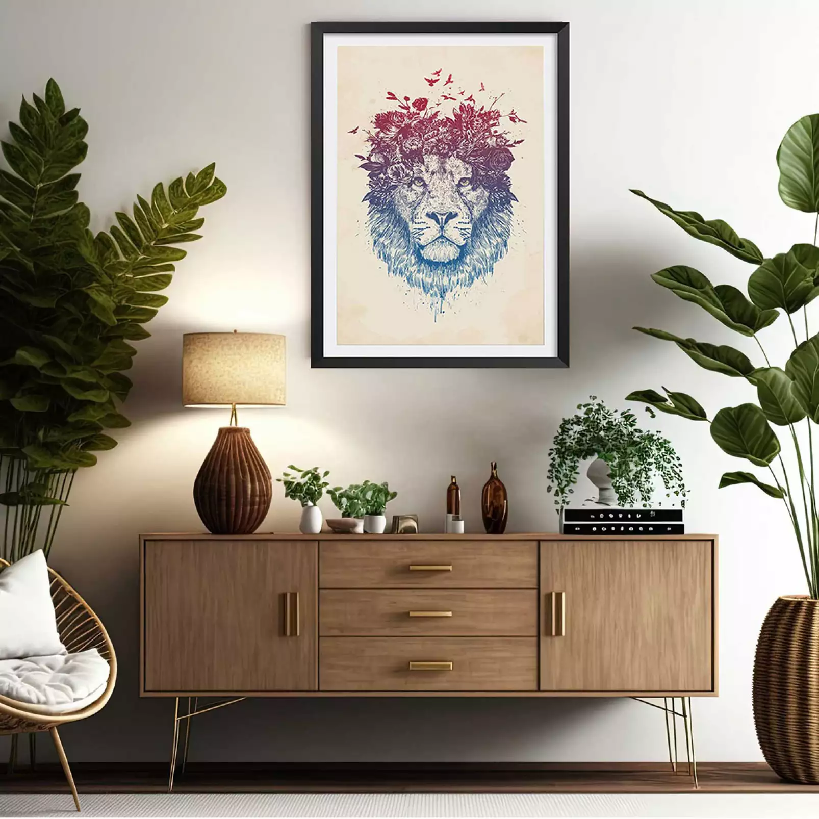 tableau-animaux-habilles-lion-aux-fleurs